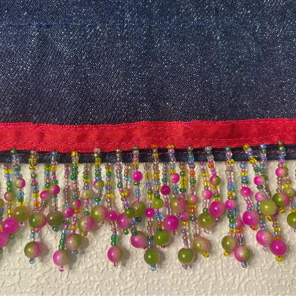 Beaded Fringe Set Festive Red Cut-off Shirt Sleeveless Blue Mini Skirt Denim  Sm - Picture 4 of 15